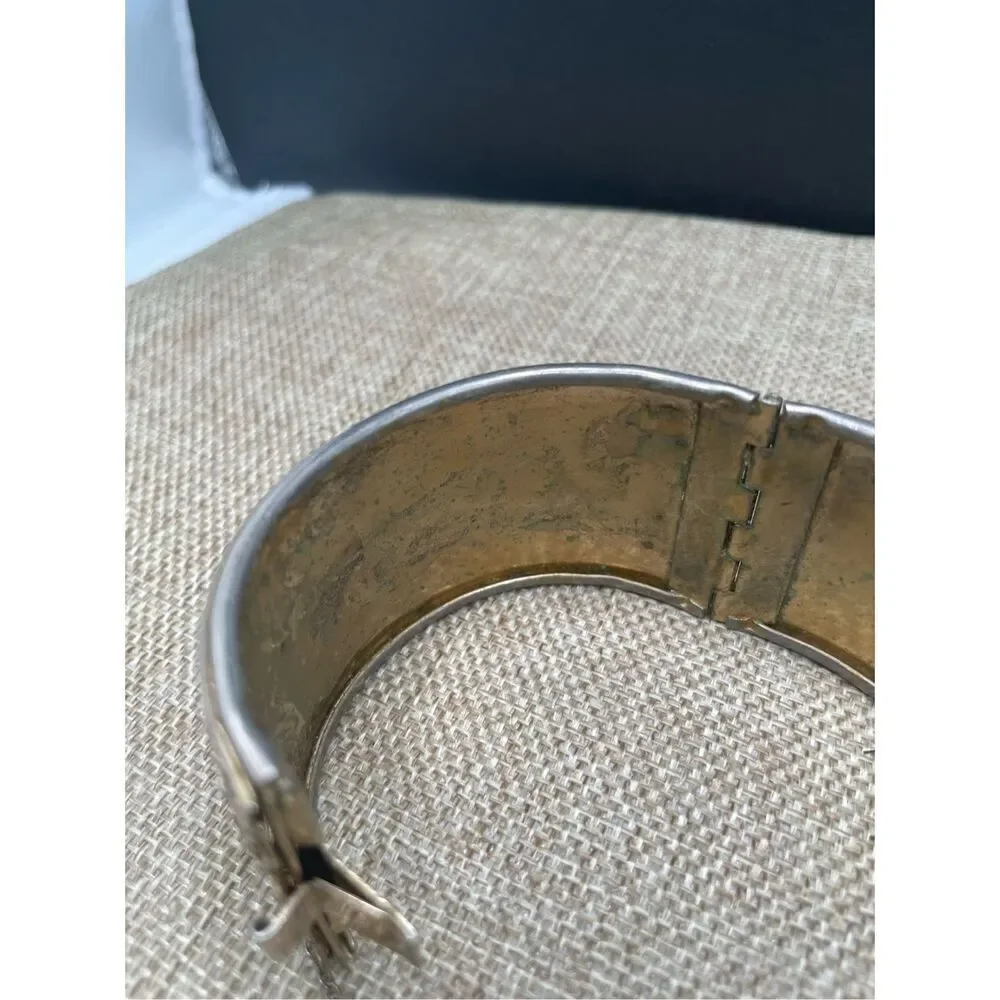 Vintage Silver Tone Wide Cuff Bangle Bracelet Scrolled Fancy Safety Chain